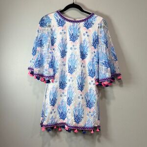 Lilly Pulitzer jackelin seaspray off shore Lace Romper Bell Sleeve Tassel Size 0